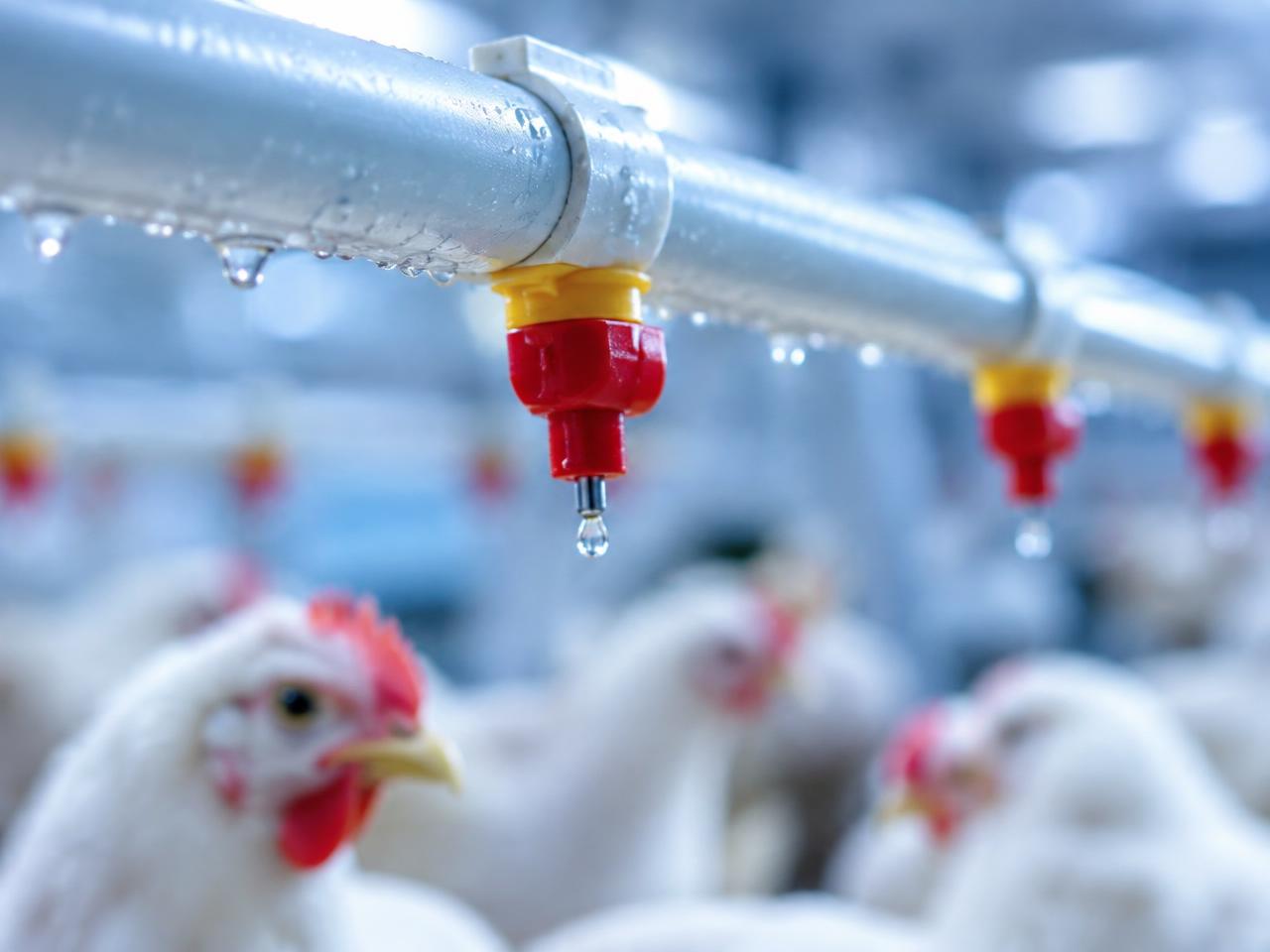 Poultry drinking-water line with clear water droplets